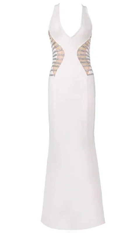 Hollywood Glam White Sleeveless Plunge V Neck Sheer Mesh Sides Rhinestone Beaded Bandage Mermaid Maxi Dress Cozy Open-Back Maxi Dress Hollywood Glam White Sleeveless Plunge V Neck Sheer Mesh Sides Rhinestone Beaded Bandage Mermaid Maxi Dress Cozy Open-Back Maxi Dress