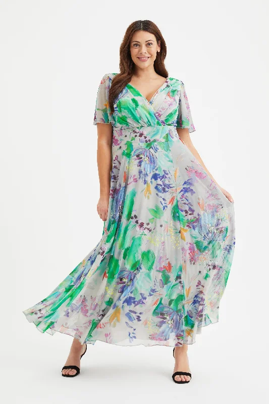 Isabelle Green Blue Float Sleeve Maxi Dress Comfortable Long-Sleeve Maxi Dress