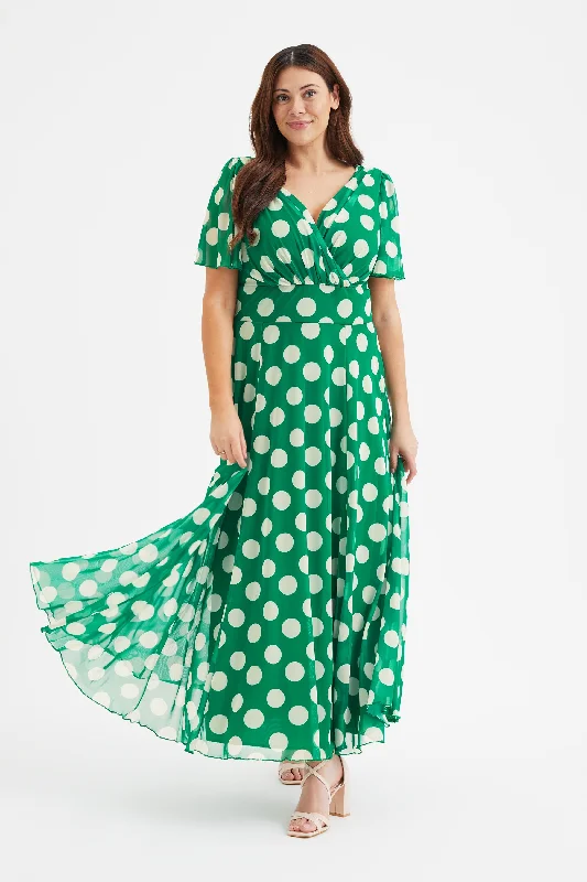 Isabelle Green Cream Lollidot Print Float Sleeve Maxi Dress Elegant Maxi Dress with Slit Isabelle Green Cream Lollidot Print Float Sleeve Maxi Dress Elegant Maxi Dress with Slit