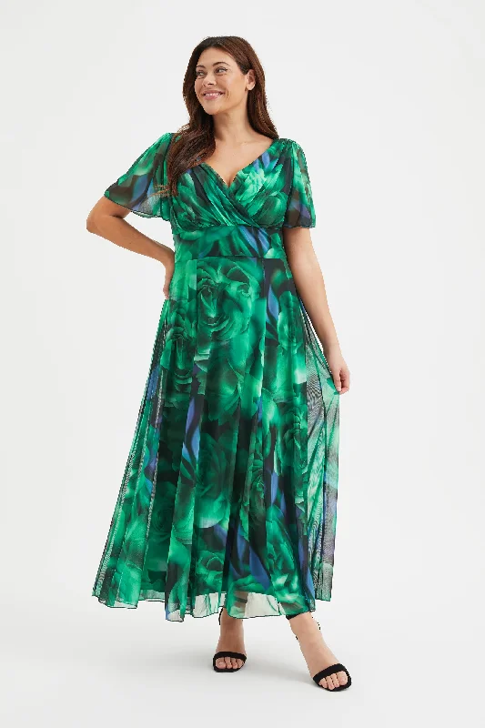 Isabelle Green Rose Float Sleeve Maxi Dress Stylish Longline Maxi Dress