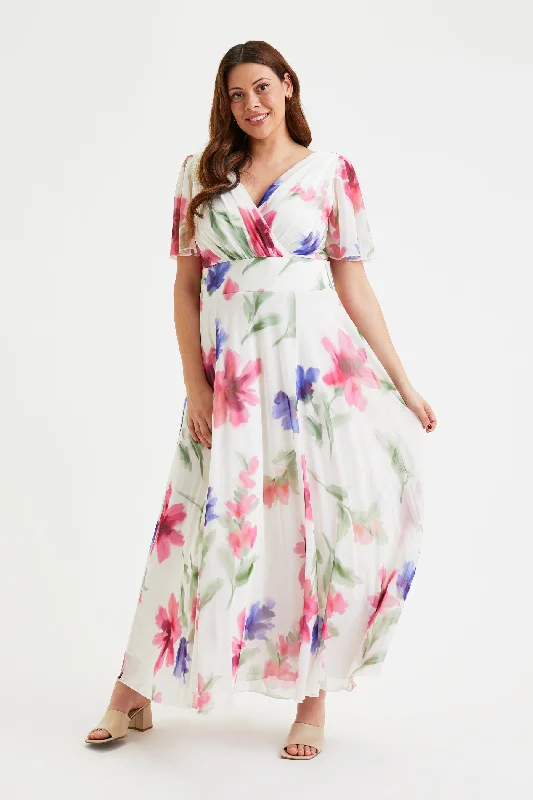 Isabelle Ivory Pink Blue Float Sleeve Maxi Dress Classic Solid Maxi Dress