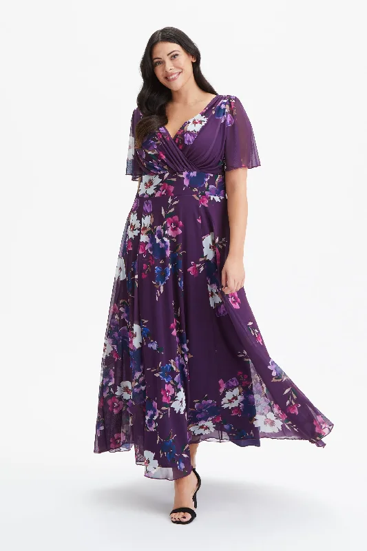 Isabelle Purple Blue Multi Float Sleeve Maxi Dress Comfortable Long-Sleeve Maxi Dress