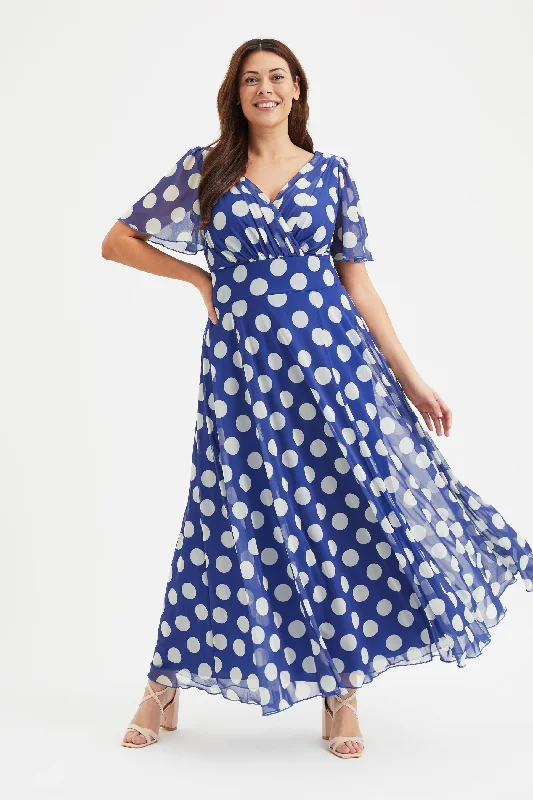 Isabelle Royal Blue Cream Lollidot Print Float Sleeve Maxi Dress Elegant Wraparound Maxi Dress Isabelle Royal Blue Cream Lollidot Print Float Sleeve Maxi Dress Elegant Wraparound Maxi Dress