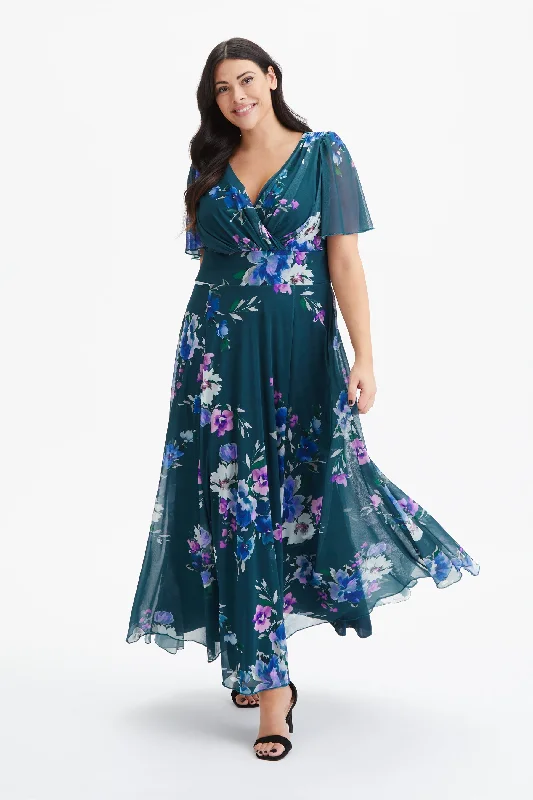 Isabelle Teal Blue Multi Float Sleeve Maxi Dress Elegant Floral Maxi Dress