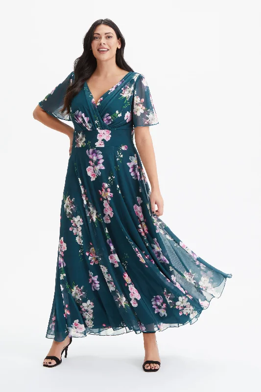 Isabelle Teal Pink Multi Float Sleeve Maxi Dress Trendy Maxi Dress with Bow