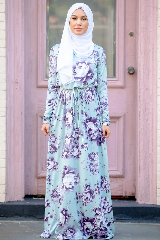 Mint Floral Drawstring Long Sleeve Maxi Dress Comfortable Ruffle Hem Maxi Dress