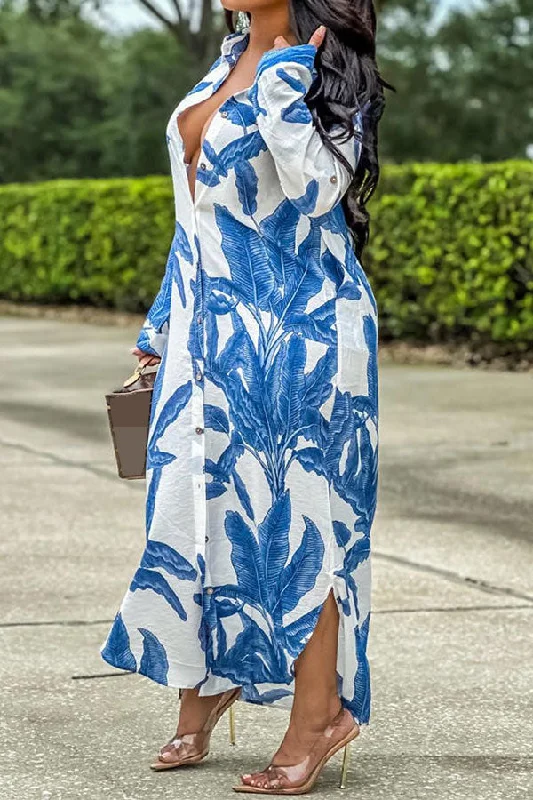 Leaf Print Relaxed Single Breasted Maxi Dress Cozy Open-Back Maxi Dress