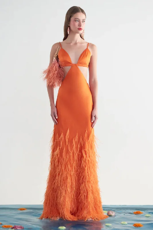 Lena Satin Cutout Ostrich Feather Maxi Dress Stylish A-Line Maxi Dress
