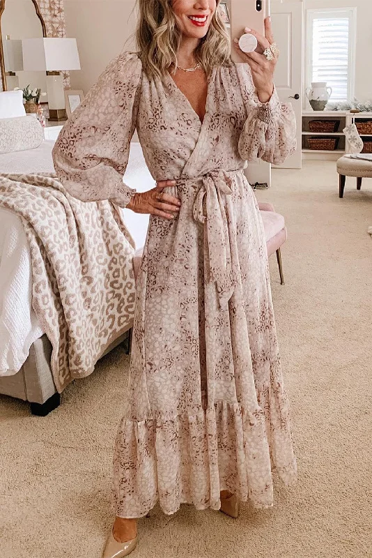 Leopard Surplice Neck Bubble Sleeve Maxi Dress with Sash Fashionable Printed Maxi Dress Leopard Surplice Neck Bubble Sleeve Maxi Dress with Sash Fashionable Printed Maxi Dress