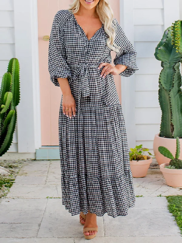 Long Sleeve Round Neck Plaid Maxi Dress Stylish One-Shoulder Maxi Dress