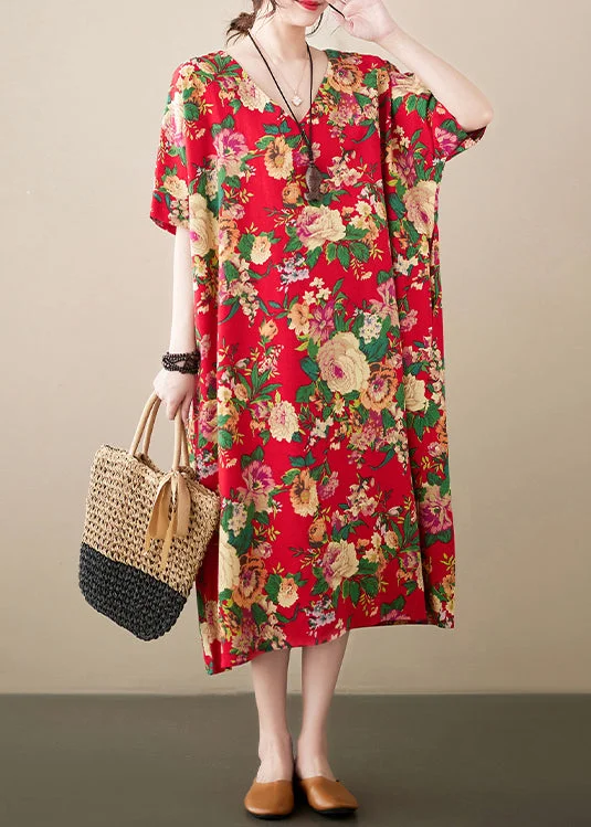 Loose Red Oversized Print Cotton Maxi Dresses Summer Chic Sleeveless Maxi Dress