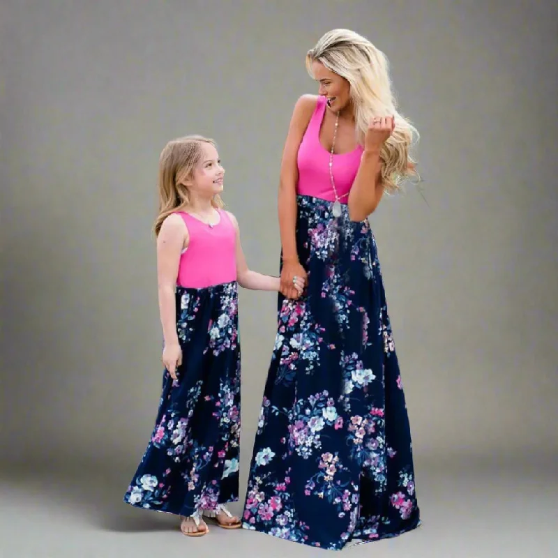 Mommy and Me Matching Pink and Navy Floral Maxi Dresses Comfortable Satin Maxi Dress Mommy and Me Matching Pink and Navy Floral Maxi Dresses Comfortable Satin Maxi Dress