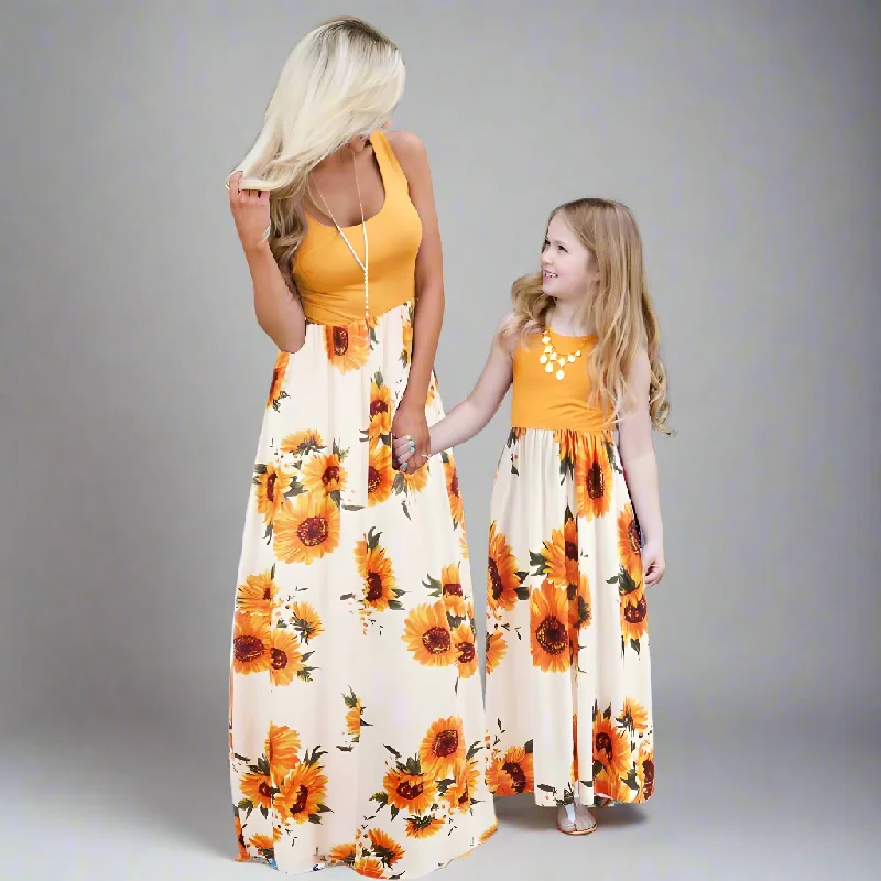 Matching Mommy & Me Sunflower Maxi Dresses Sleeveless Floral Print Summer Dress Fashionable Layered Maxi Dress Matching Mommy & Me Sunflower Maxi Dresses Sleeveless Floral Print Summer Dress Fashionable Layered Maxi Dress