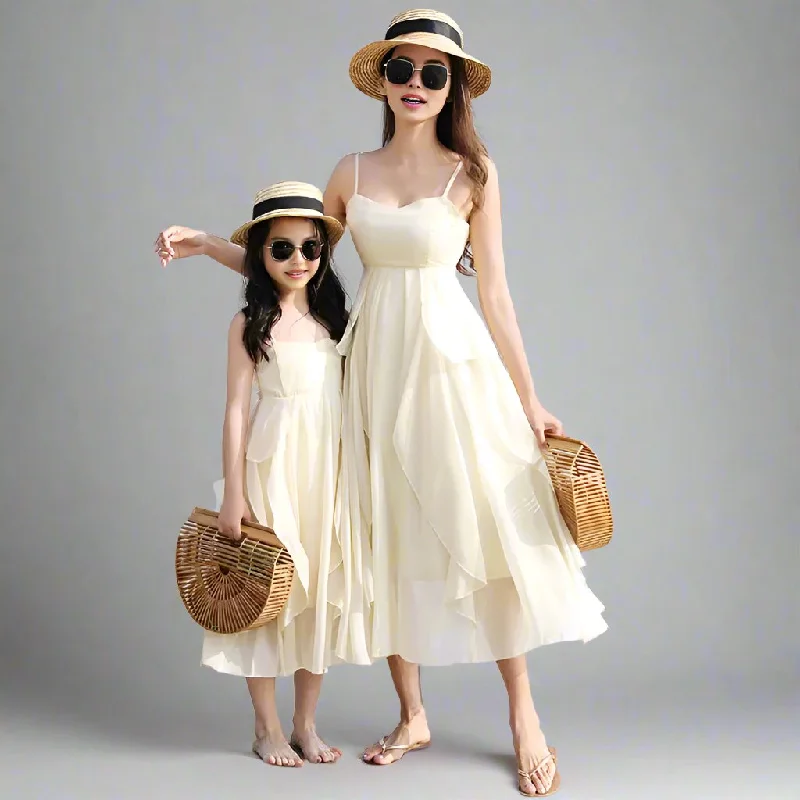 Matching Mother and Daughter Beach Dresses Elegant Cream Chiffon Maxi Dress Set Trendy Maxi Dress with Straps Matching Mother and Daughter Beach Dresses Elegant Cream Chiffon Maxi Dress Set Trendy Maxi Dress with Straps