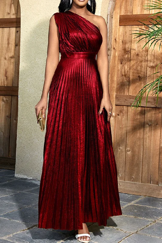 Metallic Romantic One Shoulder Pleated Maxi Dress Stylish Empire Waist Maxi Dress