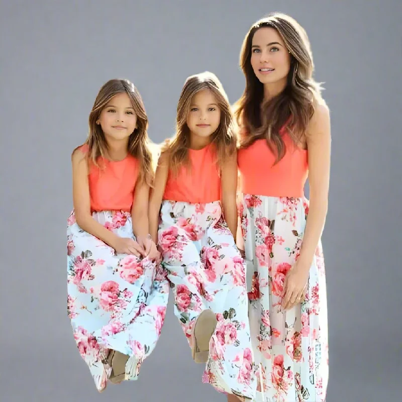 Mommy and Me Matching Coral and Floral Print Sleeveless Maxi Dresses Trendy Floral Print Maxi Dress