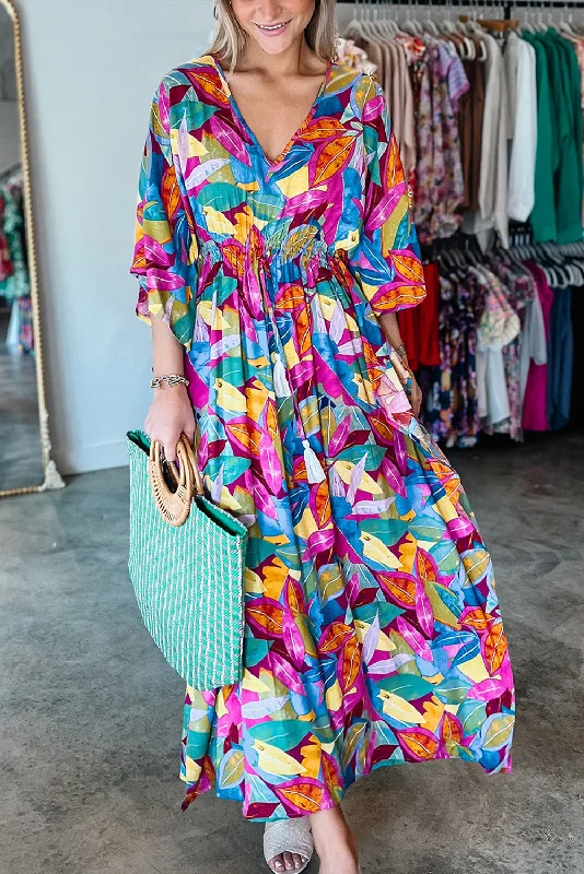 Multicolour Abstract Print High Waist V Neck Maxi Dress Fashionable Off-Shoulder Maxi Dress