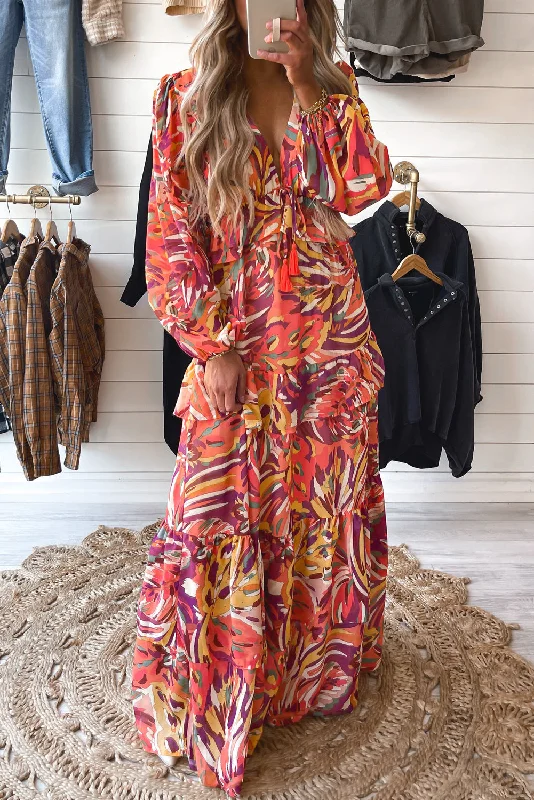 Multicolour Abstract Print Ruffle Tiered Puff Sleeve Maxi Dress Cozy Ruffle Sleeve Maxi Dress Multicolour Abstract Print Ruffle Tiered Puff Sleeve Maxi Dress Cozy Ruffle Sleeve Maxi Dress
