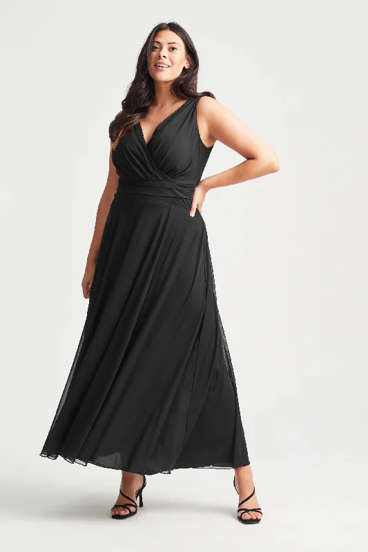 Nancy Marilyn Solid Black Mesh Maxi Dress Comfortable Plunging Neckline Maxi Dress