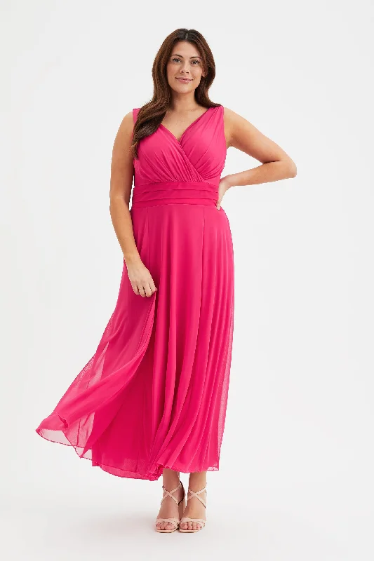 Nancy Marilyn Solid Cerise Mesh Maxi Dress Comfortable Fitted Maxi Dress