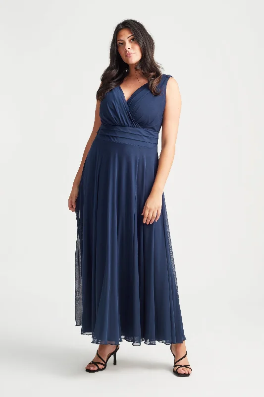 Nancy Marilyn Solid Navy Mesh Maxi Dress Comfortable Maxi Dress with Belt