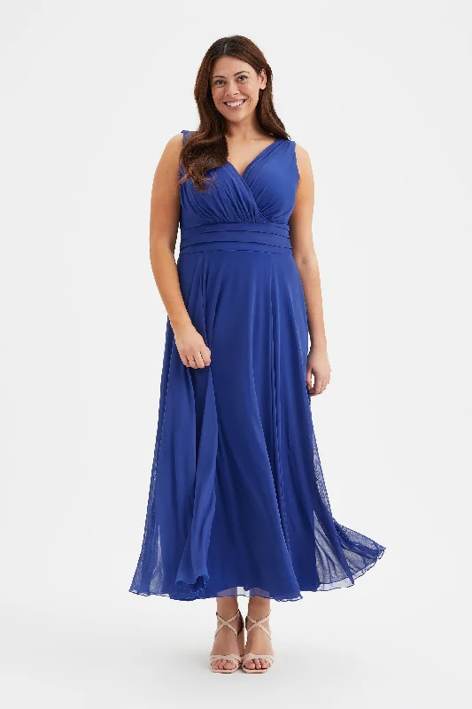 Nancy Marilyn Solid Royal Blue Mesh Maxi Dress Classic A-Line Maxi Dress