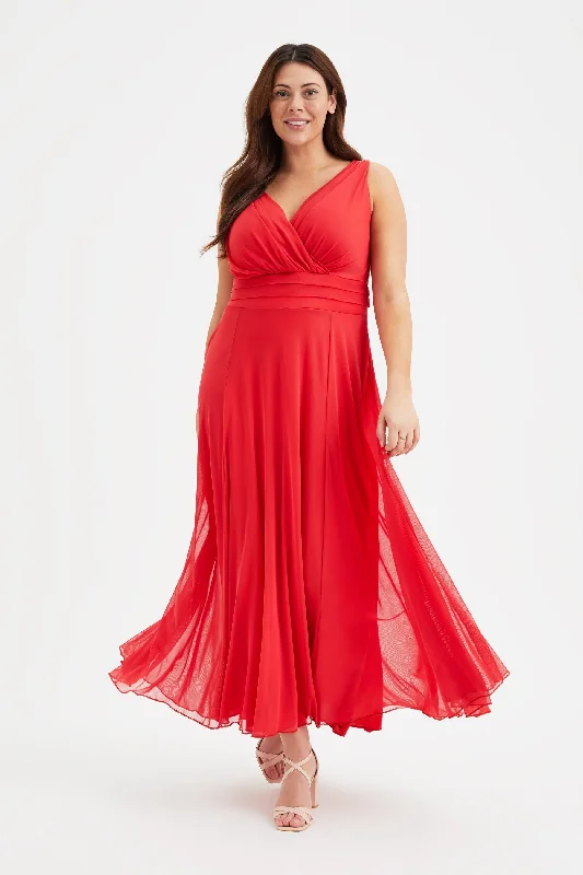 Nancy Marilyn Solid Scarlet Red Mesh Maxi Dress Chic Summer Maxi Dress