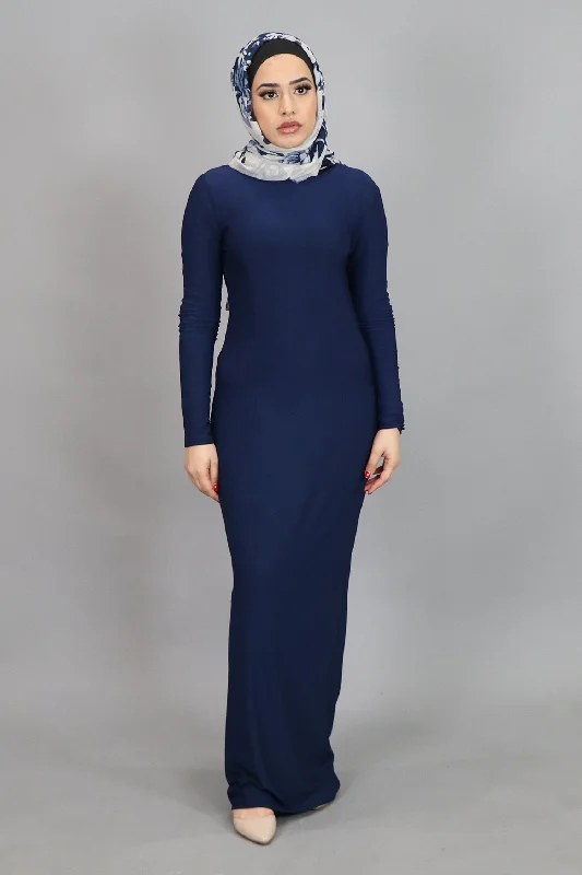 Navy Blue Plain Fitted Spandex Maxi Dress Trendy Maxi Dress with Bow