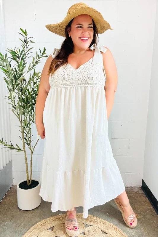Feeling Your Best Oatmeal Crochet Lace Babydoll Maxi Dress Comfortable Fitted Maxi Dress