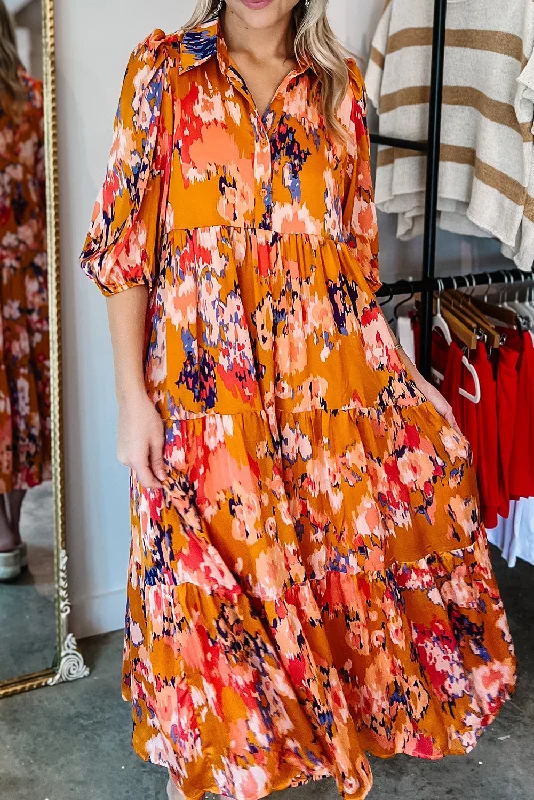 Orange Abstract Print Pleated Half Sleeve Buttoned Maxi Dress Cozy Open-Back Maxi Dress Orange Abstract Print Pleated Half Sleeve Buttoned Maxi Dress Cozy Open-Back Maxi Dress