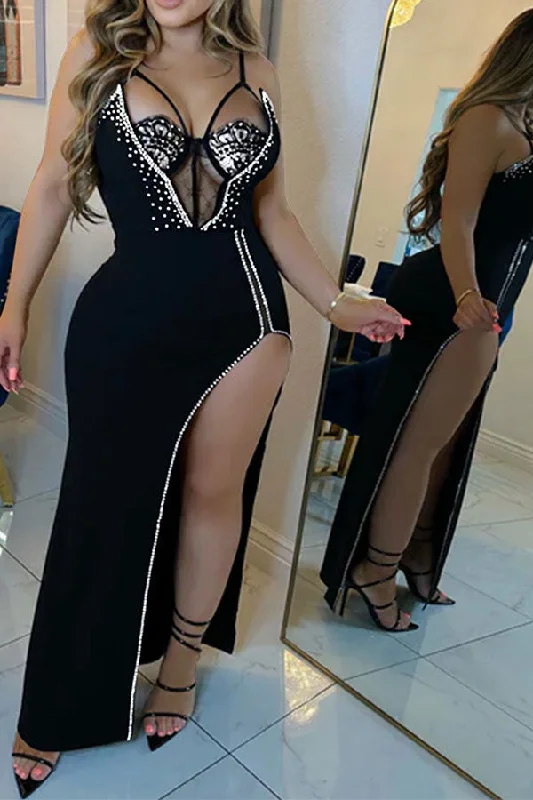 Patchwork Rhinestone Flattering High Split Maxi Dress Stylish Maxi Dress with Pleats