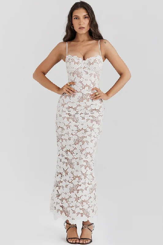 Pearl White Floral Embroidered Maxi Dress Classic V-Neck Maxi Dress