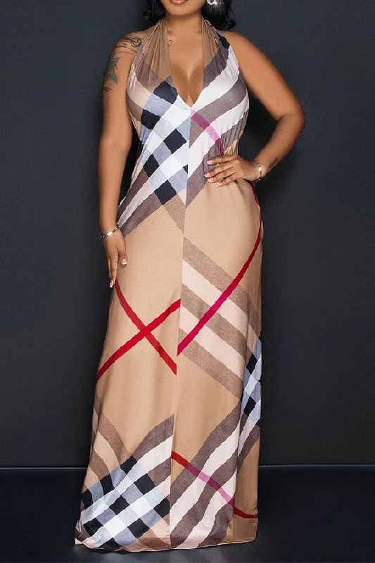 Plaid Feminine Halter Collar Backless Maxi Dress Stylish Button-Up Maxi Dress
