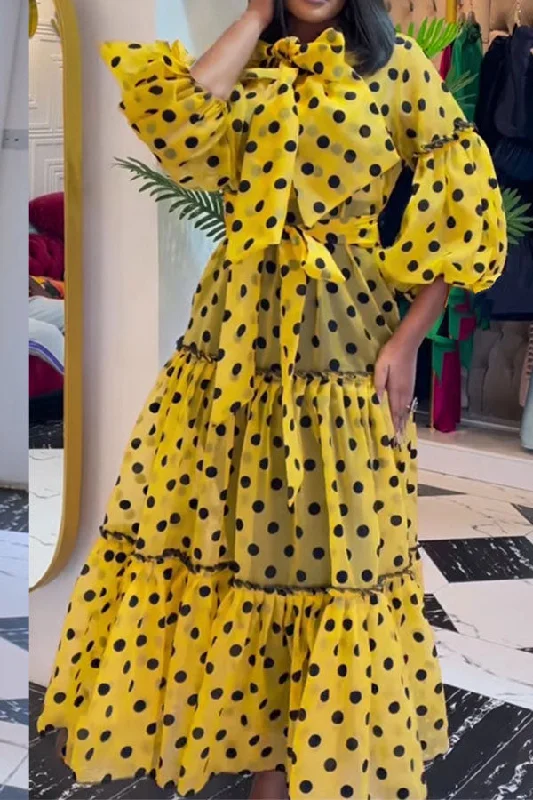 Polka Dot Pussy Bow Cute Belted Tiered Maxi Dress Comfortable Long-Sleeve Maxi Dress Polka Dot Pussy Bow Cute Belted Tiered Maxi Dress Comfortable Long-Sleeve Maxi Dress