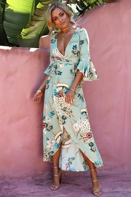 Print High-slit Wrap Maxi Dress - 5 Colors Trendy Short Sleeve Maxi Dress