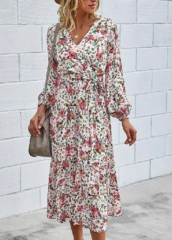 Printed V Neck Long Sleeve Maxi Dress Stylish Maxi Dress with Pleats