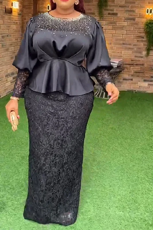 Rhinestone Lace Patchwork Festive Peplum Maxi Dress Classic Solid Maxi Dress