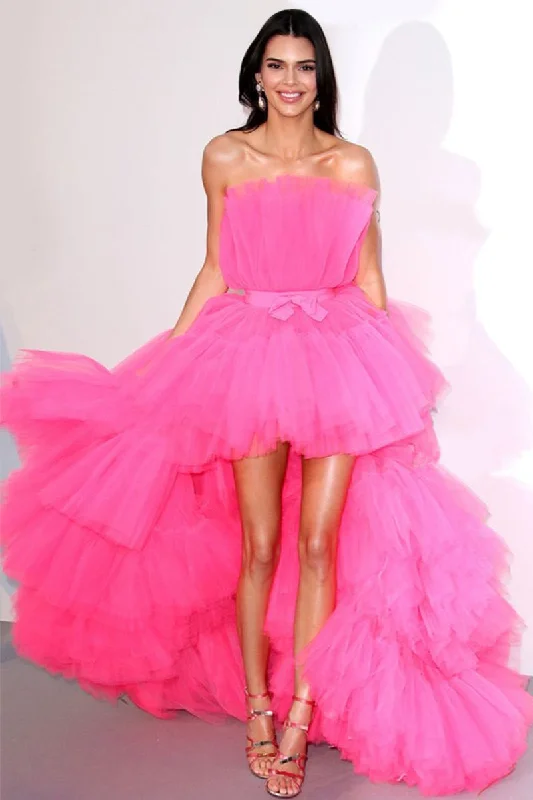 Runway Glam Hot Pink Tulle High-Low Maxi Dress Stylish V-Neck Maxi Dress