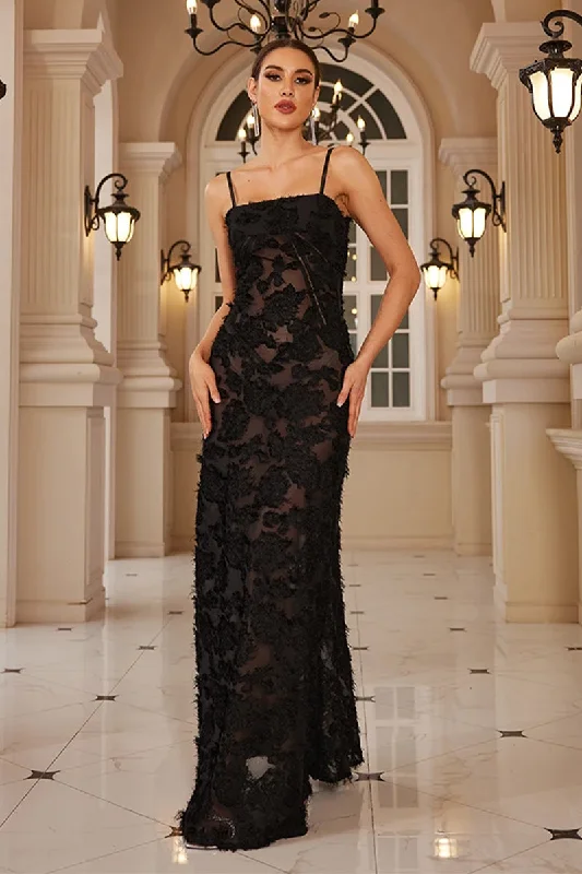 Sensational Sheer Black Lace Maxi Dress Cozy Spaghetti Strap Maxi Dress