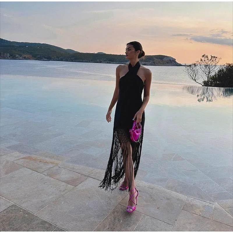 Sexy Backless Halter Tassel Maxi Dress Women Black Sleeveless Long Dresses Summer Female Chic Casual High Street Vestidos Comfortable Bohemian Maxi Dress Sexy Backless Halter Tassel Maxi Dress Women Black Sleeveless Long Dresses Summer Female Chic Casual High Street Vestidos Comfortable Bohemian Maxi Dress
