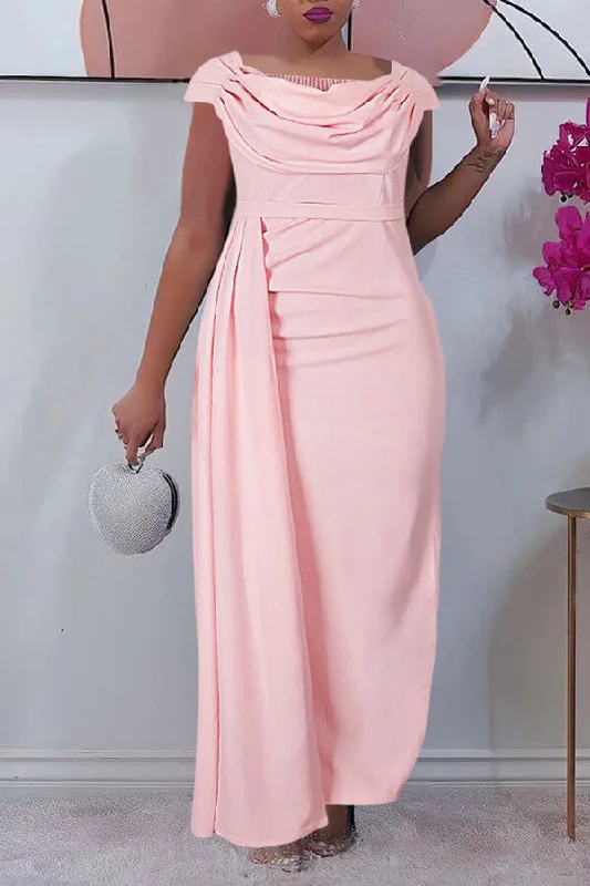 Solid Color Draped Unusual Side Train Maxi Dress Comfortable Ruffle Maxi Dress