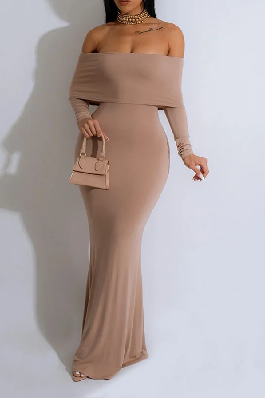 Solid Color Off Shoulder Simple Maxi Dress Comfortable Fit-and-Flare Maxi Dress