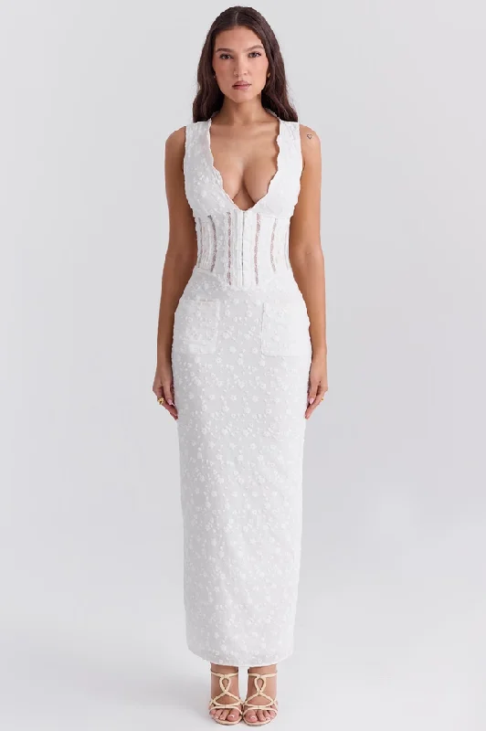 Sophina English Embroidery Deep V Maxi Dress Trendy V-Neck Maxi Dress