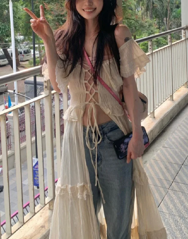 Summer Dress for Women Fashion Vintage Bandage Sweet Ruffles Robe Femme Korean Tunic Maxi Dresses Cozy Knit Maxi Dress