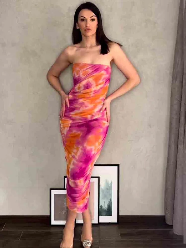 Summer Women Sexy Off Shoulder Print Tulle Maxi Dresses Chic Backless Sleeveless Dress Elegant Slim Party Club Lady Vestido Comfortable Satin Maxi Dress