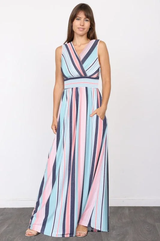 Surplice Stripe Maxi Dress Elegant Maxi Dress with Ruffles