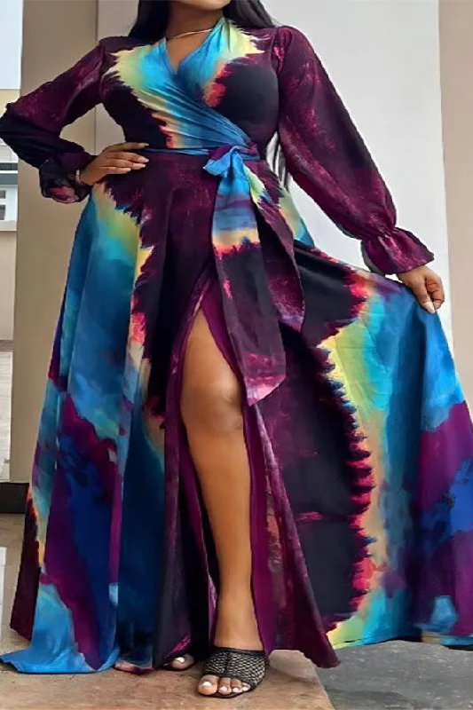Tie Dye On-trend Lace-Up High Split Maxi Dress Fashionable Faux Wrap Maxi Dress