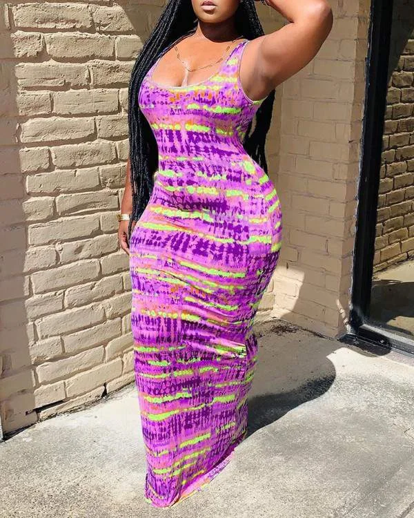 Tie Dye Print Crisscross Backless Maxi Dress Stylish Empire Waist Maxi Dress