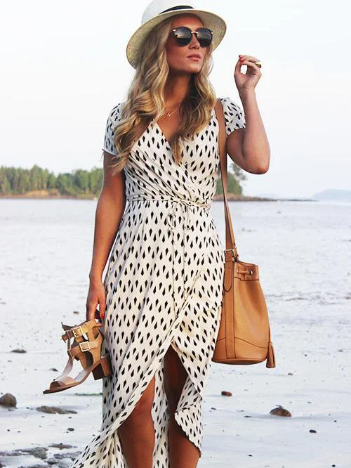 Tie-waist Geometric Print Maxi Dress Comfortable Pleated Maxi Dress