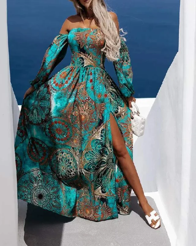 TRIBAL PRINT OFF SHOULDER CORSET SLIT MAXI DRESS Comfortable Bohemian Maxi Dress